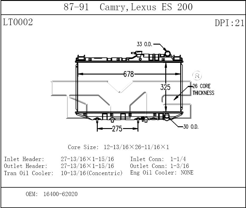 Foto de Montura del radiador para Lexus ES250 1990 1991 Toyota Camry 1988 1989 1990 1991 Marca TYC Nmero de Parte 21
