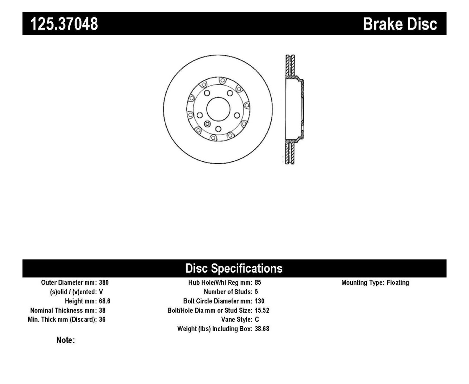 Foto de Disco de freno Aleacin Alto Carbono para Porsche Cayenne 2005 2006 2008 2009 2010 Marca CENTRIC PARTS Nmero de Parte 125.37048