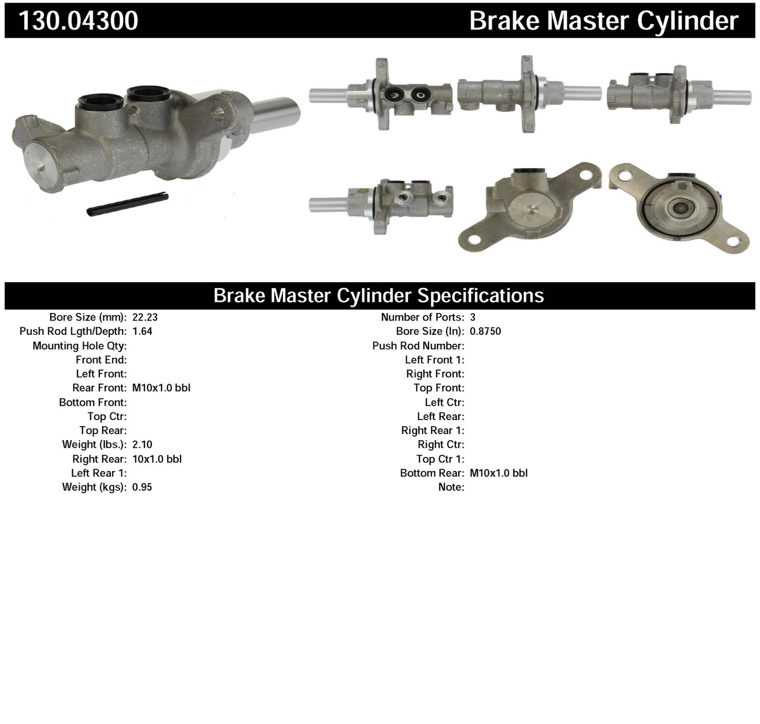 Foto de Cilindro Maestro de Freno Premium para Fiat 500 2015 Marca CENTRIC PARTS N�mero de Parte 130.04300
