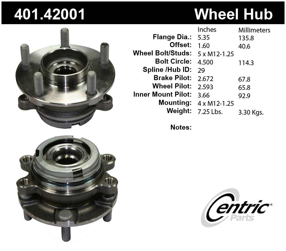 Foto de Conjunto de Cojinete y Cubo de Eje Premium & para Nissan Altima 2007 2009 Marca CENTRIC PARTS Nmero de Parte 401.42001
