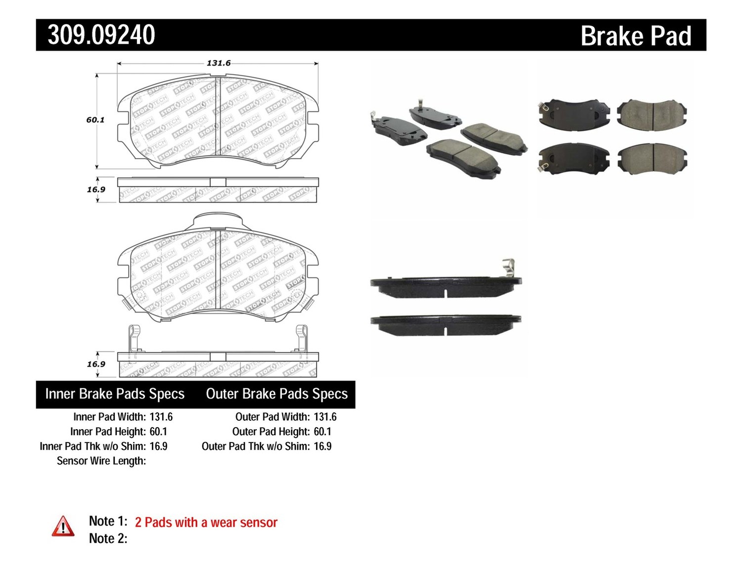 Foto de Pastilla de Freno de Disco StopTech Sport Pads para Hyundai Sonata Hyundai Tiburon Hyundai Tucson Kia Sportage Kia Soul Marca STOPTECH N�mero de Parte 309.09240